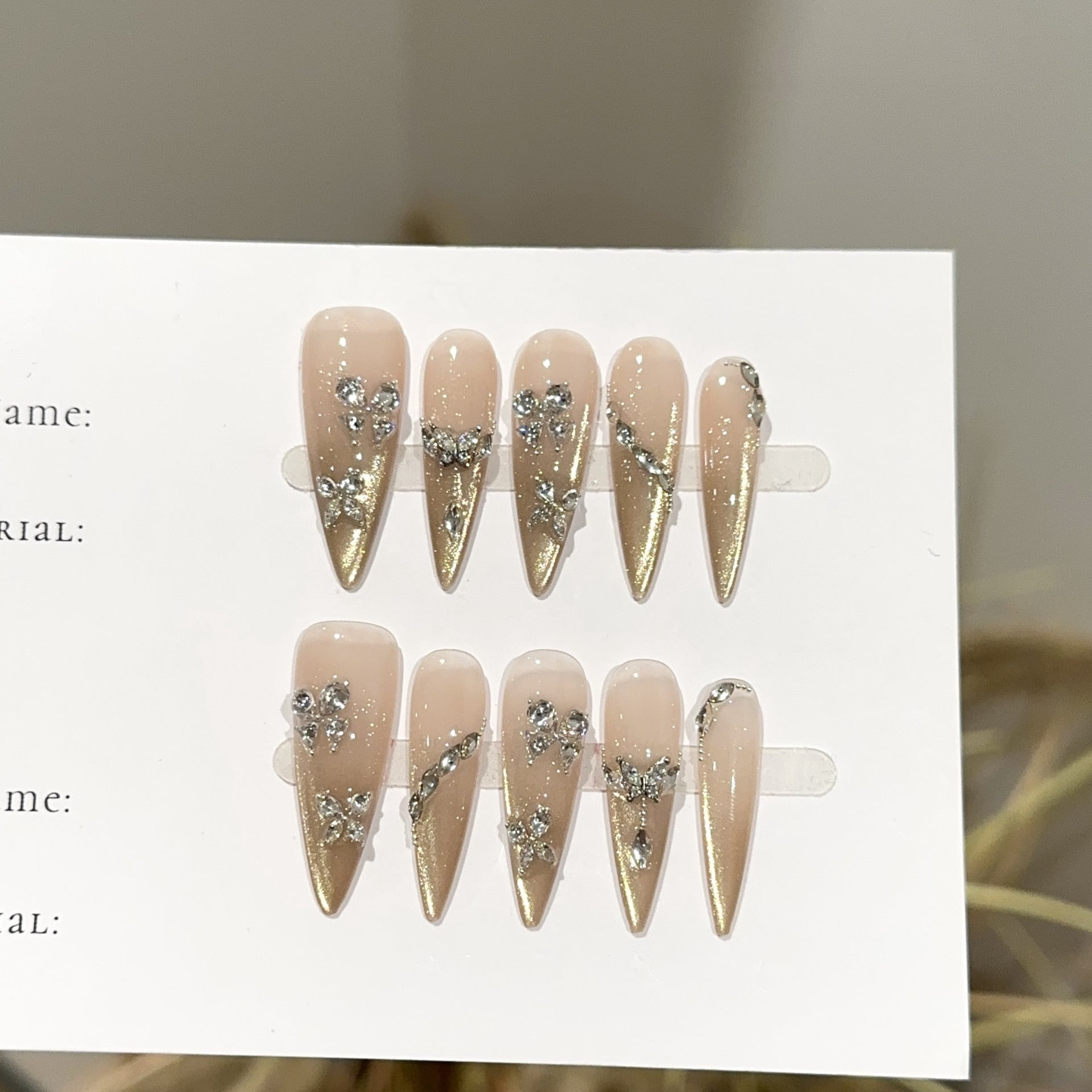 Pure hand-worn armor, advanced zircon butterfly golden cat eye long nail art piece, light luxury fake nail patch wholesale