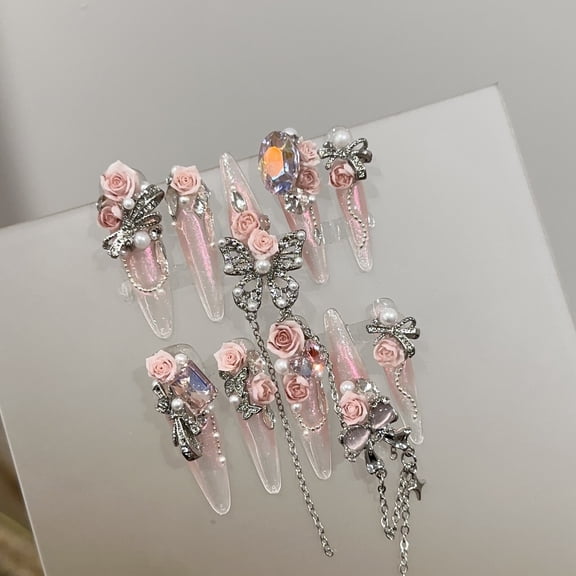 Pure hand-worn nail advanced magic mirror pink long high-end nail art heavy industry camellia flower fake nail patch