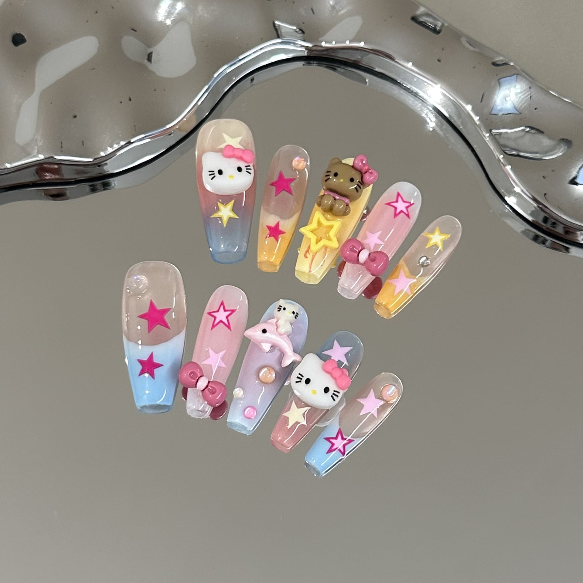 Pure hand-worn nail piece, high-end pink kitt cat manicure, colored pentagram French whitening long nails