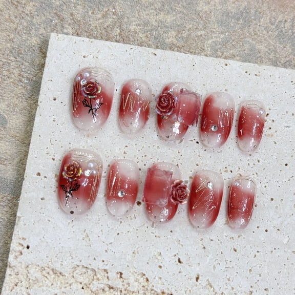 Pure handmade nail light therapy nail art wine red rose nail wear finished product reuse pure desire nail patch