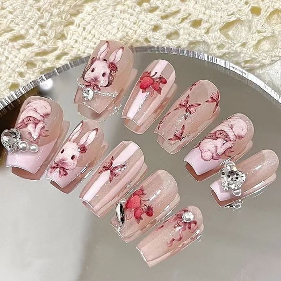 Pure handmade phototherapy wearing nail pads, Rococo rabbit sweet and spicy pink unicorn wholesale nail patch
