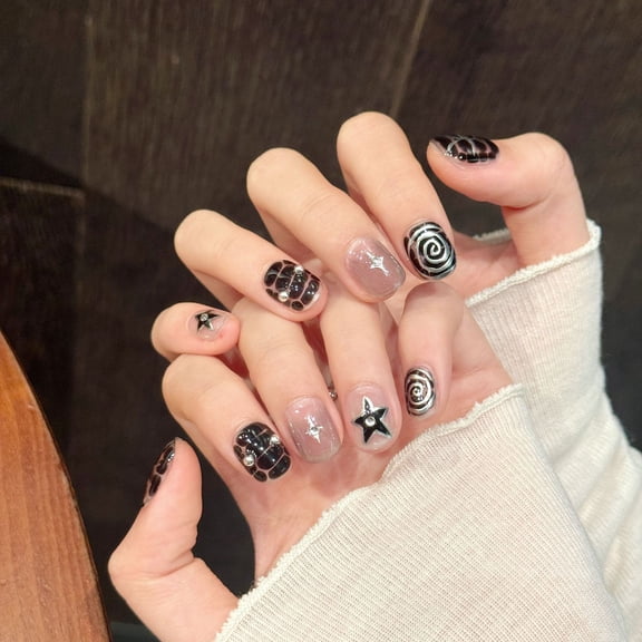 Pure handmade wearable nails, dark Internet celebrities, sweet and cool hot girl style, hand-painted, niche high-end, embossed star manicure