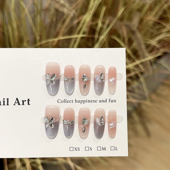 Pure handmade wearable nails, high-end lilac cat's eye nail art pieces, light luxury white diamond fake nail patches, finished products