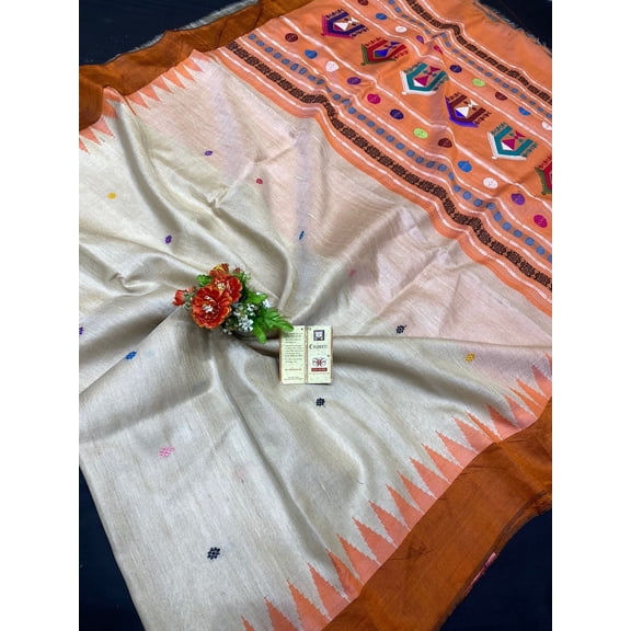 Pure tussar silk Handwoven Dolabedi pallu Hand temple border Tussar Silk Saree gifts for wife and sister or mother;'/.;[]