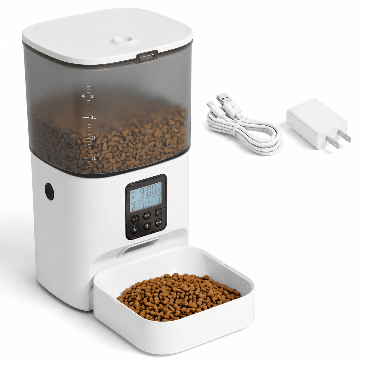 Pure white 4.0 L Automatic Pet Feeder Timed Dry Food Dispenser with