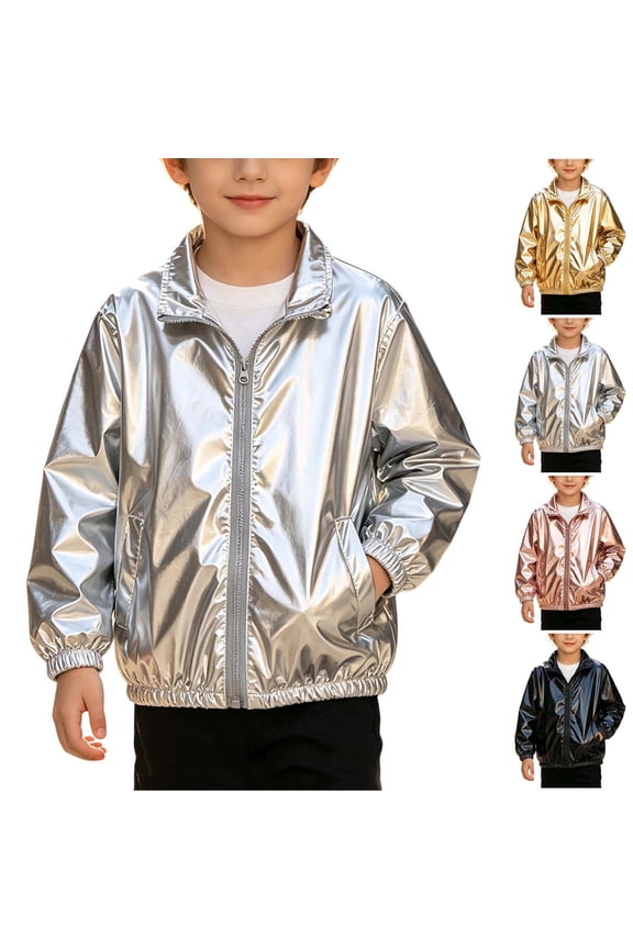 Bomber Jacket for Kids 4-13 Years Solid Color Zip Up Cropped Jacket Sparkly Lightweight Coat Windbreaker with Pockets