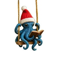 PureCasa Christmas Octopuses Pendant 2d Flat Ornament, Festive Sea Creature with Santa Hat Hanging Tree Accessory