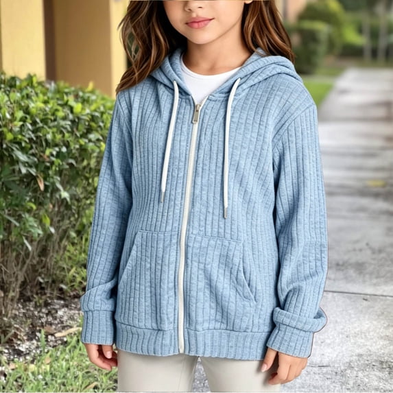 PureCasa Girls' Zip Up Sweaters Solid Color Loose Fit Hoodies Soft Comfy Long Sleeve Knit Sweater Hoodie With Pockets