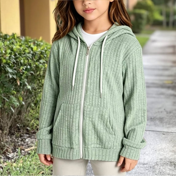 PureCasa Girls' Zip Up Sweaters Solid Color Loose Fit Hoodies Soft Comfy Long Sleeve Knit Sweater Hoodie With Pockets
