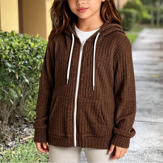 PureCasa Girls' Zip Up Sweaters Solid Color Loose Fit Hoodies Soft Comfy Long Sleeve Knit Sweater Hoodie With Pockets