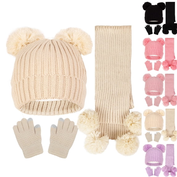PureCasa Kids Winter Hat Scarf Gloves Beanie Set Solid Color Knitted Hats Scarves Gloves Three Piece Set, 3 In 1 Gift Set for Kids