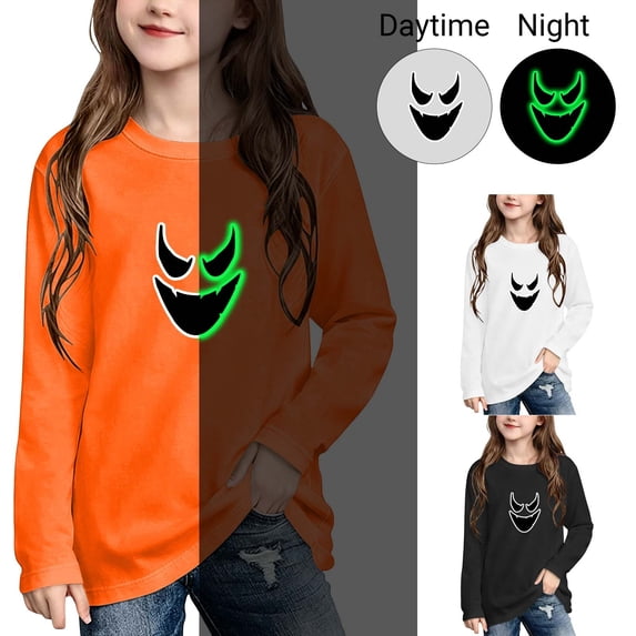 PureCasa Long Sleeve Tops for Kids 3-12 Years Long Sleeve Halloween Cute Noctilucent Print Loose Comfortable T-Shirt Crewneck Pullover Top