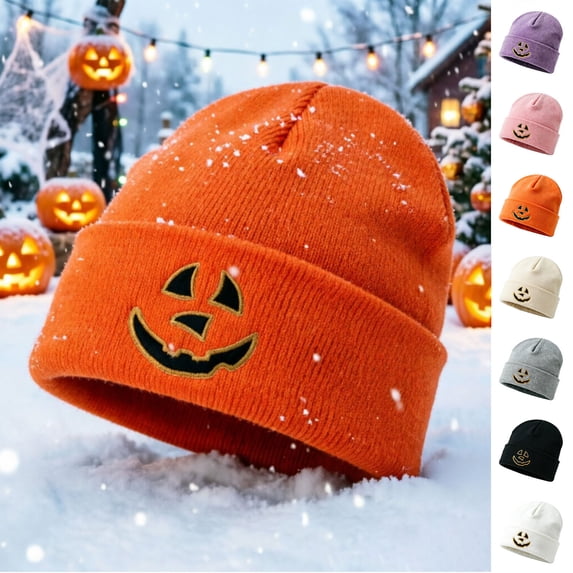 PureCasa Unisex Winter Hats Halloween Vintage Embroidered Pumpkin Knit Hat, Stretchy Warm Wear Cap for Women Men