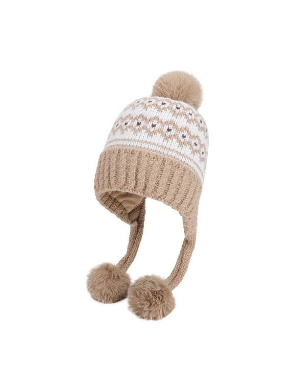 Winter Soft Hat for Women Earflap Fleece Warm Woolen Cap Lined Pompon Knit Hat Beanie for Women