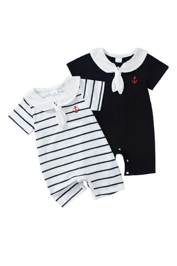 2-Pack Baby Boys Nautical Sailor Collar Rompers, Striped & Solid Short Sleeve One-Pieces with Anchor Embroidery 1-18M Navy Blue