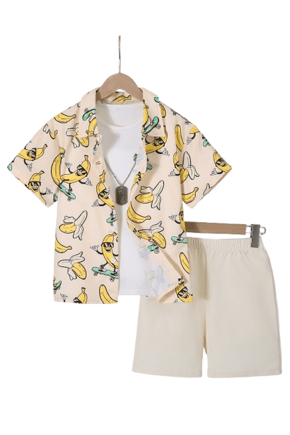 2-Piece Tween Boys Summer Outfits Skateboard Banana Print Button-up Shirt & Elastic Waist Shorts Set