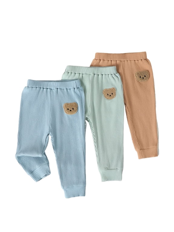 3-Pack Baby Boys Solid Ribbed Knit Bear Patch Pants - Soft Stretch Leggings for 1-18 Months