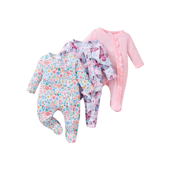 PureChapter 3-Pack Baby Girls Floral & Butterfly Print Footed Rompers, Long Sleeve Round Neck Ruffle Placket One-Piece Bodysuits For 0-9M