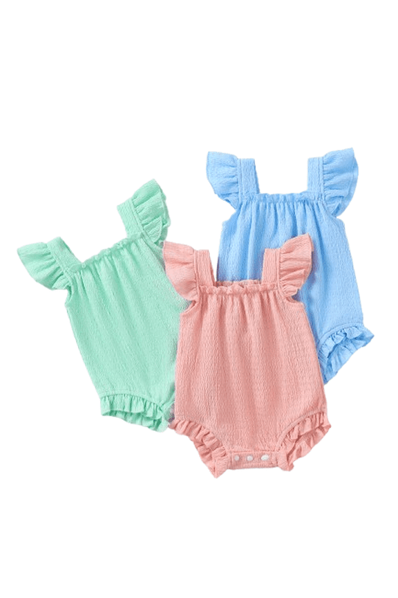 3-Pack Baby Girls Ruffle Flutter Sleeve Square Neck Bodysuits, Textured Knit Solid Color Triangle Rompers for Infant Newborn