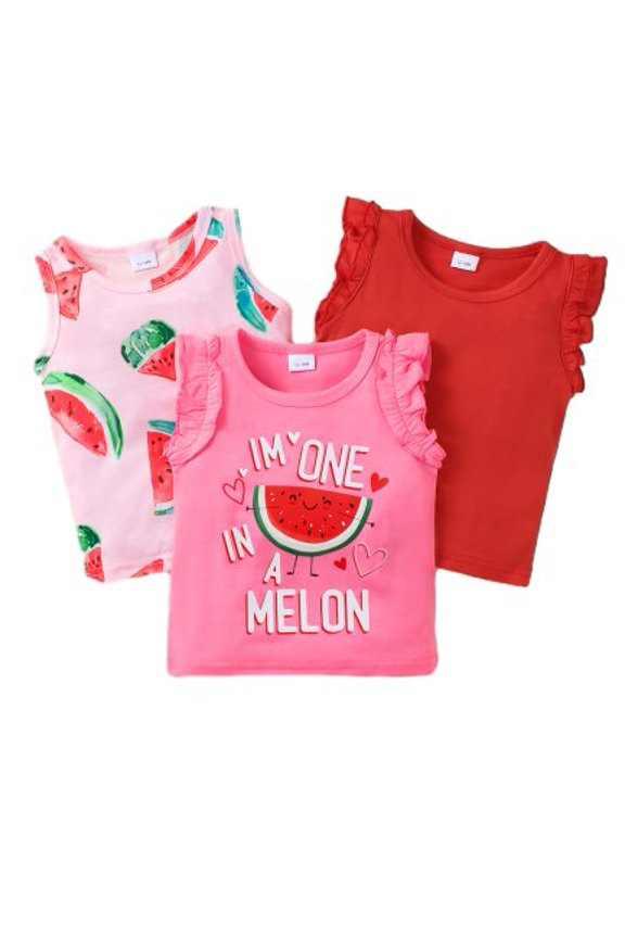 3-Pack Baby Girls Ruffle Sleeveless Tank Tops, Watermelon Print & "I'm One in a Melon" Graphic Round Neck Tops for Infant Toddler