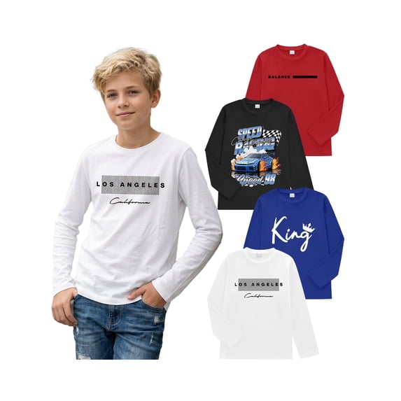 PureChapter 4 Pack Boys T Shirts Mixed Graphic Long Sleeve Crew Neck T-Shirts for 7-15 Years