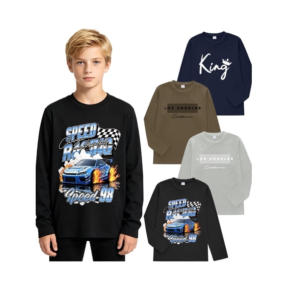 PureChapter 4 Pack Boys T Shirts Mixed Graphic Long Sleeve Crew Neck T-Shirts for 7-15 Years