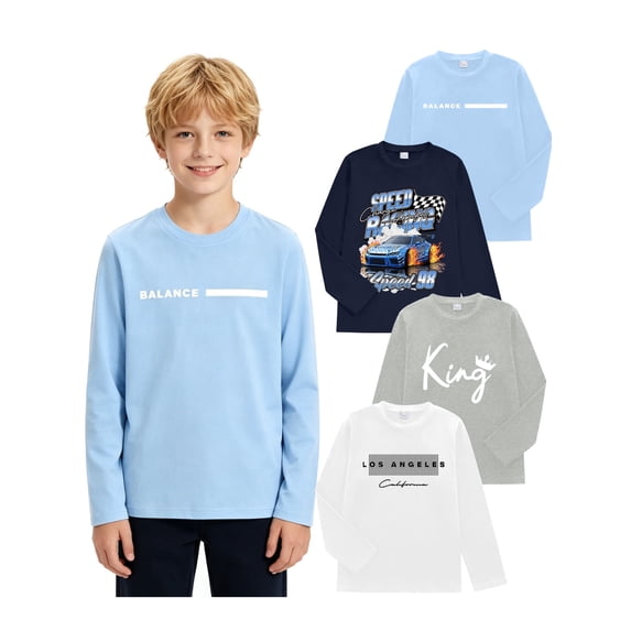 PureChapter 4 Pack Boys T Shirts Mixed Graphic Long Sleeve Crew Neck T-Shirts for 7-15 Years