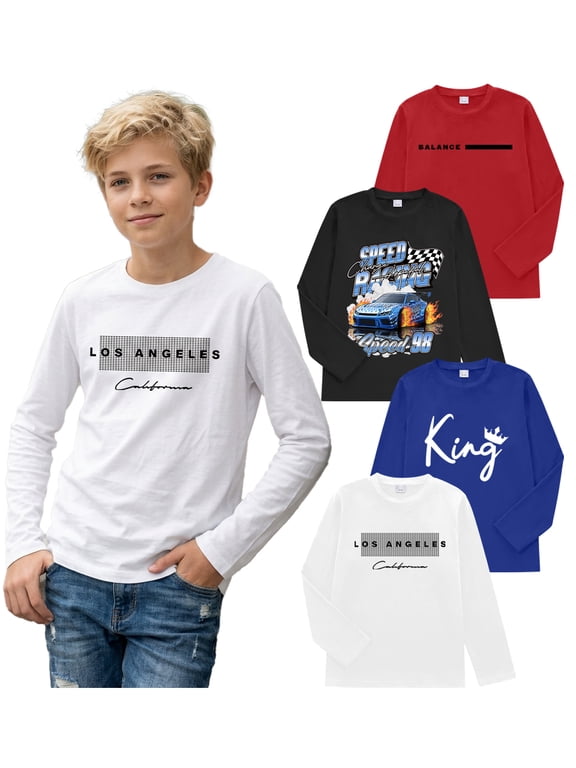 4 Pack Boys T Shirts Mixed Graphic Long Sleeve Crew Neck T-Shirts for 7-15 Years