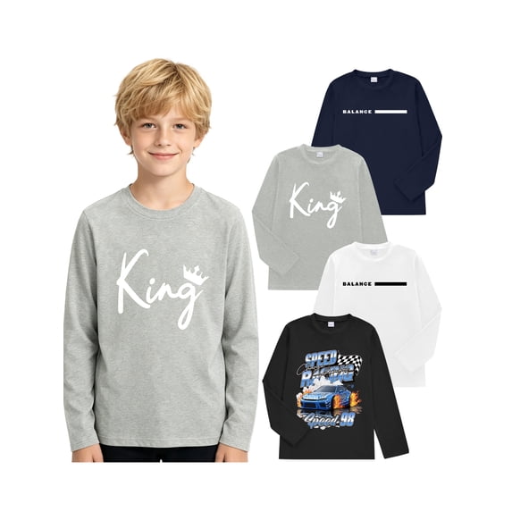 PureChapter 4 Pack Boys T Shirts Mixed Graphic Long Sleeve Crew Neck T-Shirts for 7-15 Years