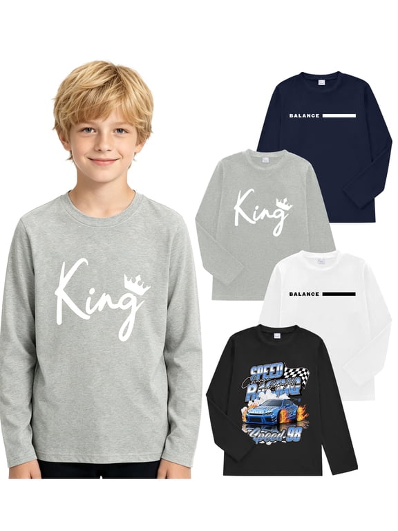 4 Pack Boys T Shirts Mixed Graphic Long Sleeve Crew Neck T-Shirts for 7-15 Years