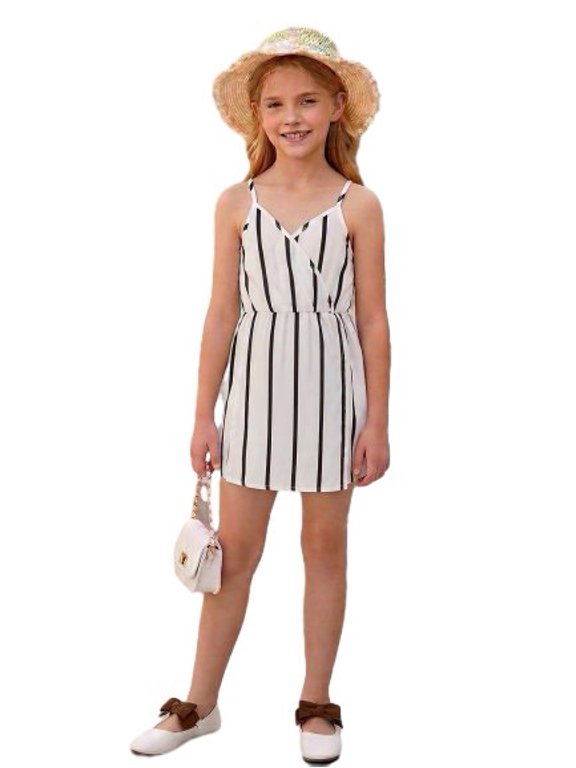 8-12Y Girls Romper Striped Strap Wrap Front Summer Shortall