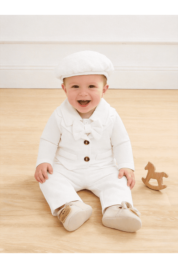Baby Boy 3-Piece Baptism Outfit - Adorable Long Sleeve Vest-Style Onesie with Pants and Hat for Christening,Gift