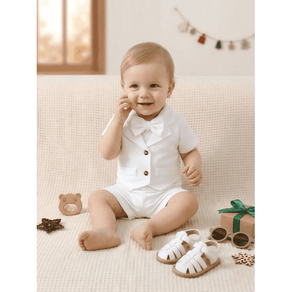 PureChapter Baby Boy 3-Piece Baptism Outfit Set – Short Sleeve Collared Waffle Knit Vest Bodysuit, Shorts & Detachable Bow Tie, Gentle Christening Wear for Infants