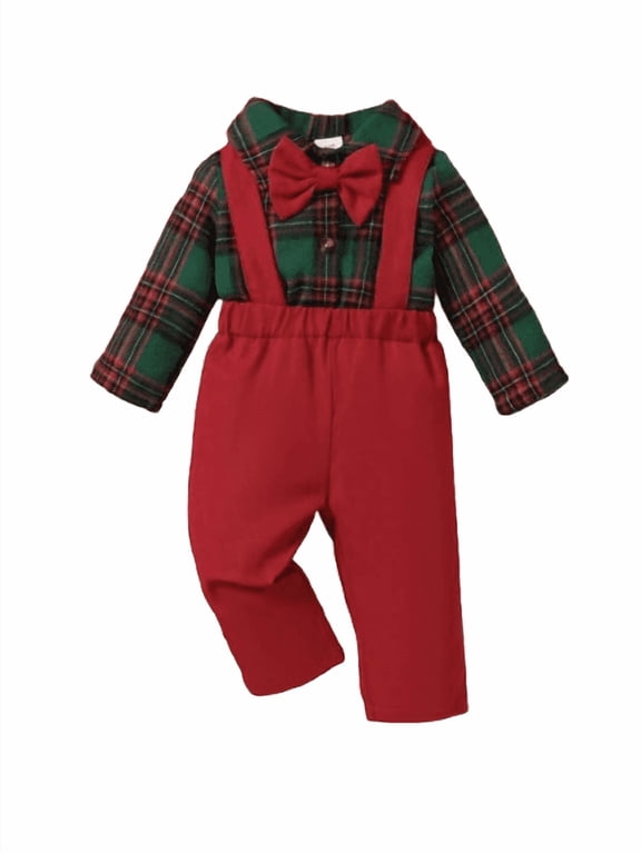 Baby Boy Christmas Outfit Plaid Collared Bodysuit with Bow Tie & Suspender Pants 2Pcs Holiday Set for 1-18 Months