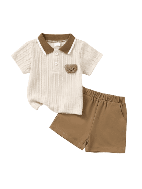 Baby Boy Clothes Boys Summer Outfits Bear Patch Contrast Collar Polo Top & Elastic Waist Shorts 2Pcs Set for 3-24 Months