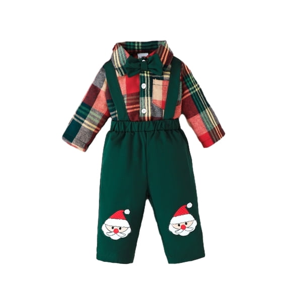 PureChapter Baby Boy Clothes Christmas 2‑Piece Outfit Plaid Collared Bow Romper & Santa Embroidery Suspender Pants Set for 9-12 Months