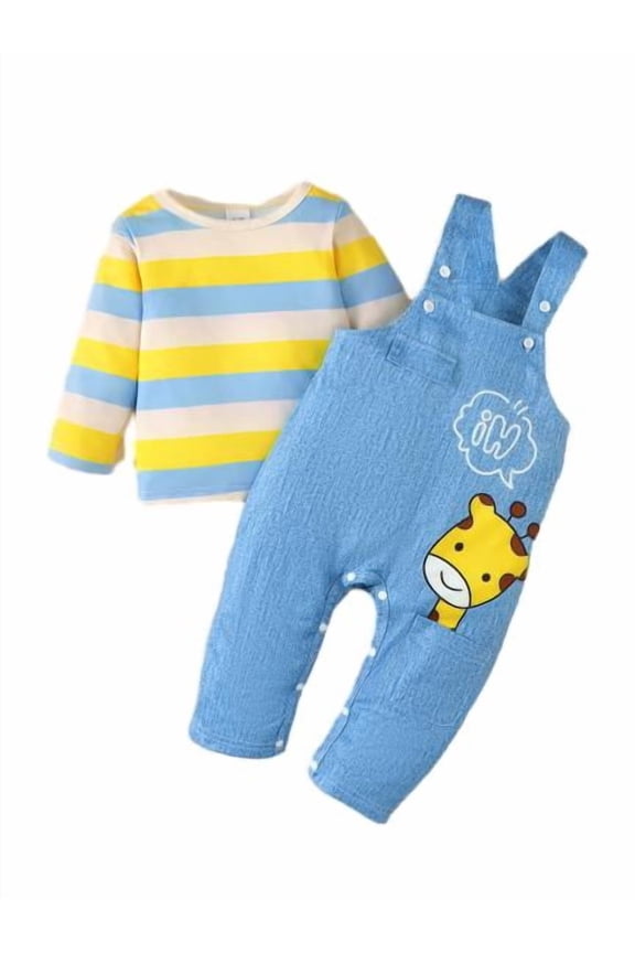 Baby Boy Clothes Striped Long Sleeve T shirt & Cartoon Giraffe Overalls 2 Piecce Infant Casual Spring Fall Outfits 3-6 Months