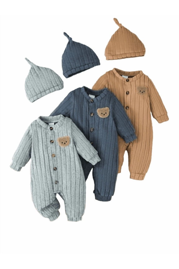 Baby Boy Outfit, 6 Pieces Vertical Ribbed Bear Patch Long Sleeve Rompers with Matching Knit Hats Newborn Gift Set for Infants 1-18 Months