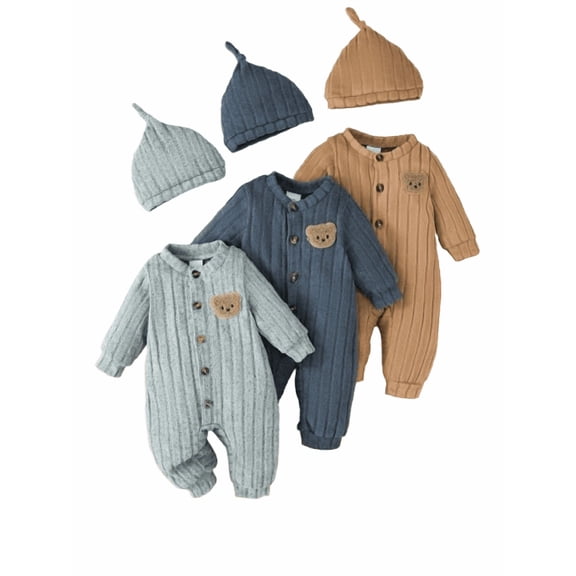 PureChapter Baby Boy Outfit, 6 Pieces Vertical Ribbed Bear Patch Long Sleeve Rompers with Matching Knit Hats Newborn Gift Set for Infants 1-18 Months