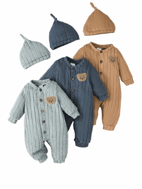 Baby Boy Outfit, 6 Pieces Vertical Ribbed Bear Patch Long Sleeve Rompers with Matching Knit Hats Newborn Gift Set for Infants 1-18 Months