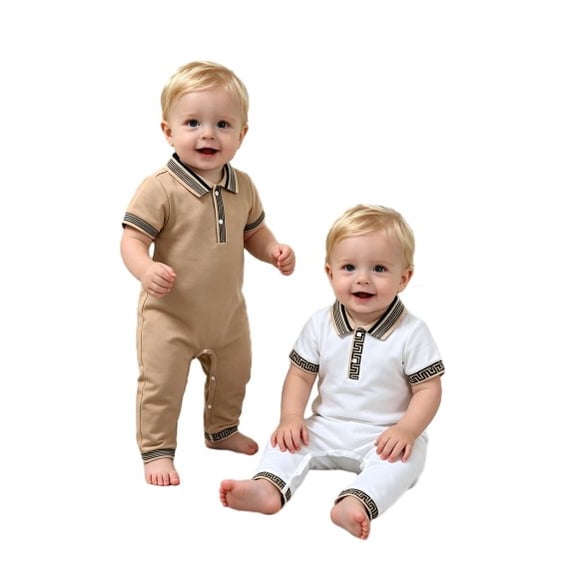PureChapter Baby Boy Romper 2-Pack Short Sleeve Knit Collared Jumpsuit with Geometric Trim, Sizes 1-18 Months