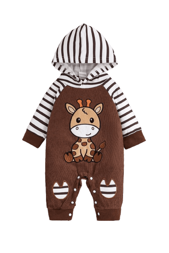 Baby Boy Romper Raglan Stripe Hooded with Giraffe Patch, Soft Daily Layette Jumpsuit 1-18M