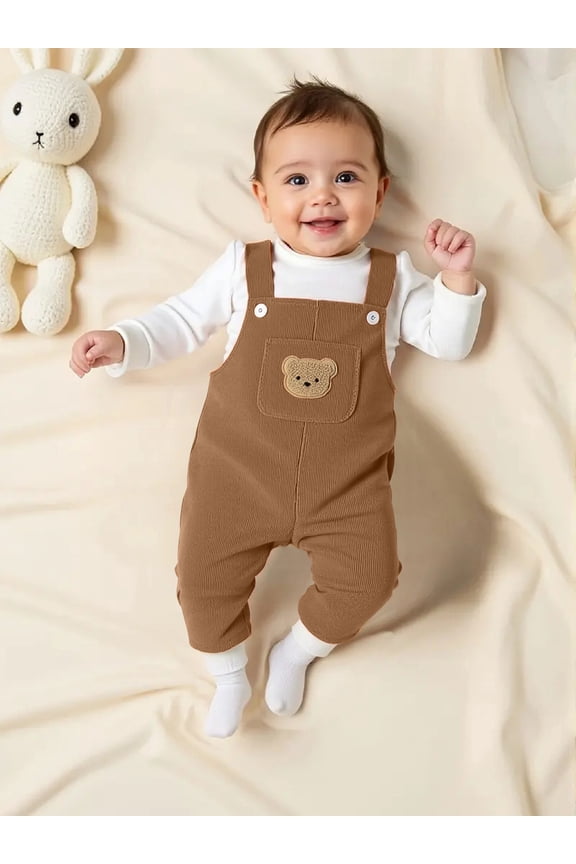 Baby Boys Corduroy Overalls, Cute Bear Patch Pocket Suspender Pants for Toddlers, 6 Months-3 Years