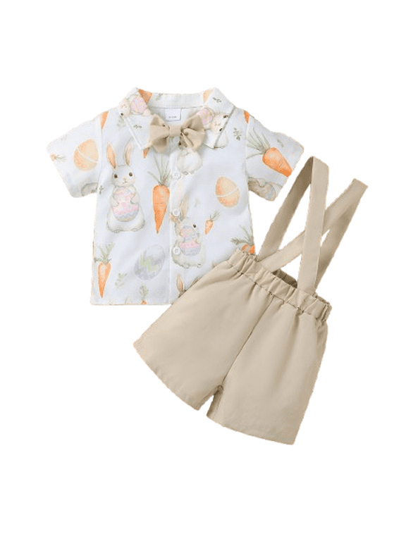 Baby Boys' Clothing Sets Boys Summer Outfits Easter Bunny & Carrot Print Short Sleeve Bow Tie Shirt & Suspender Shorts 2-Piece