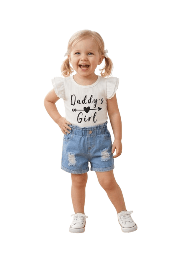 Baby Girl Outfit "Daddy's Girl" Ruffle Sleeve Ribbed Top & Distressed Denim Shorts 2-Piece Casual Summer Set 2-3 Years