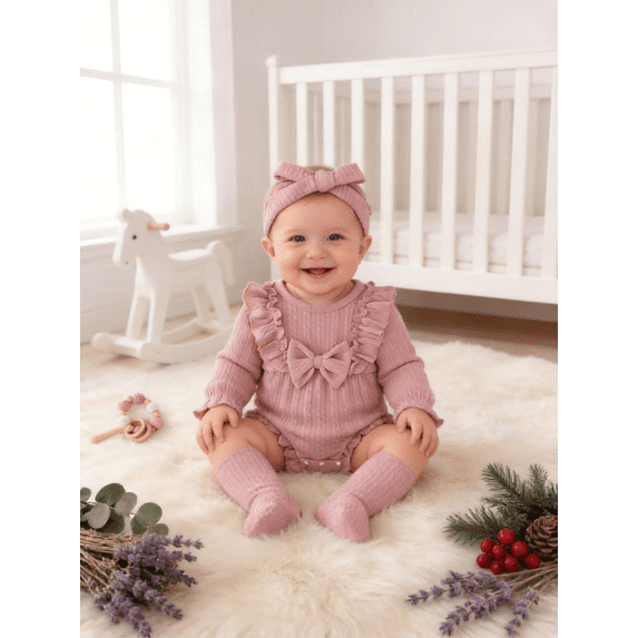 PureChapter Baby Girls Long Sleeve Ruffle Bow Bodysuit 3-Piece Outfit Set with Headband and Socks Newborn Infant Clothes for 0-18 Months