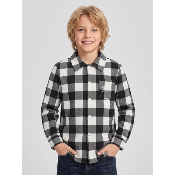 PureChapter Boys Button Down Shirt Plaid Long Sleeve Shirt with Letter Embroidery, Casual Boys Shirts for 7-15 Years