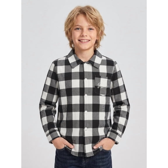 PureChapter Boys Button Down Shirt Plaid Long Sleeve Shirt with Letter Embroidery, Casual Boys Shirts for 7-15 Years