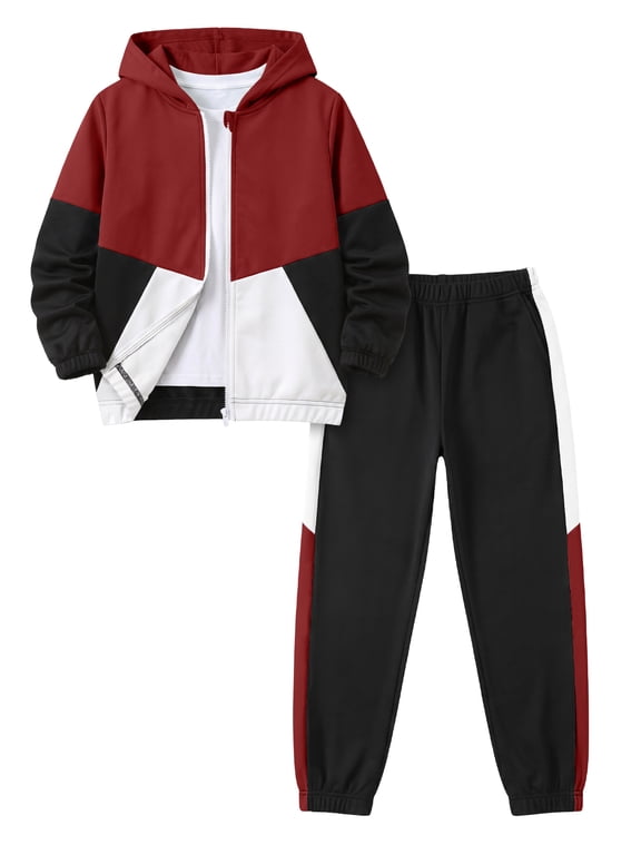 Boys Clothing Sets Color Block Zip Up Hooded Jacket & Jogger Pants 2-Piece Tracksuit for Kids 7-14