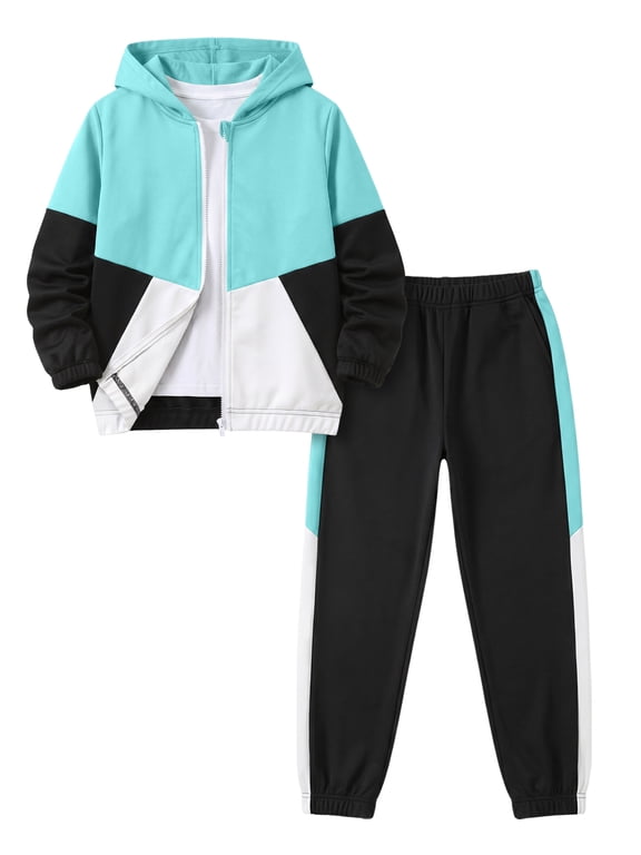Boys Clothing Sets Color Block Zip Up Hooded Jacket & Jogger Pants 2-Piece Tracksuit for Kids 7-14